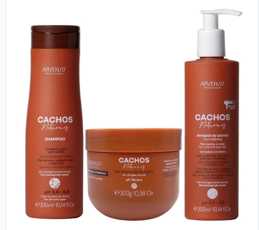 Kit Arvensis Professional Cachos
Naturais - Shampoo 300ml +
Ativador 300ml + Geleia Alta Fixação 300g